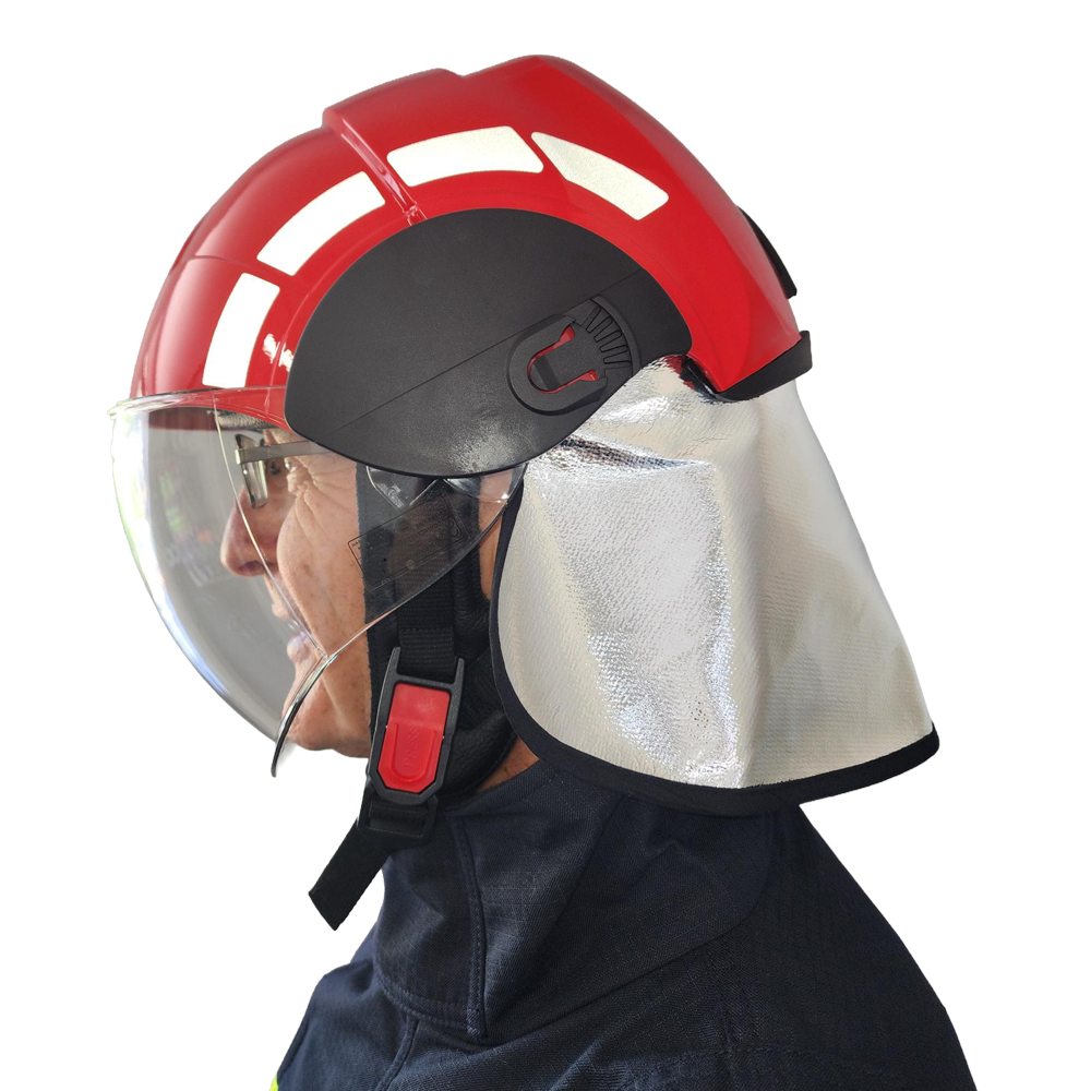 PAB Fire Compact fireman helmet red with visor neck curtain goggles SOLAS MED" on the main product image.